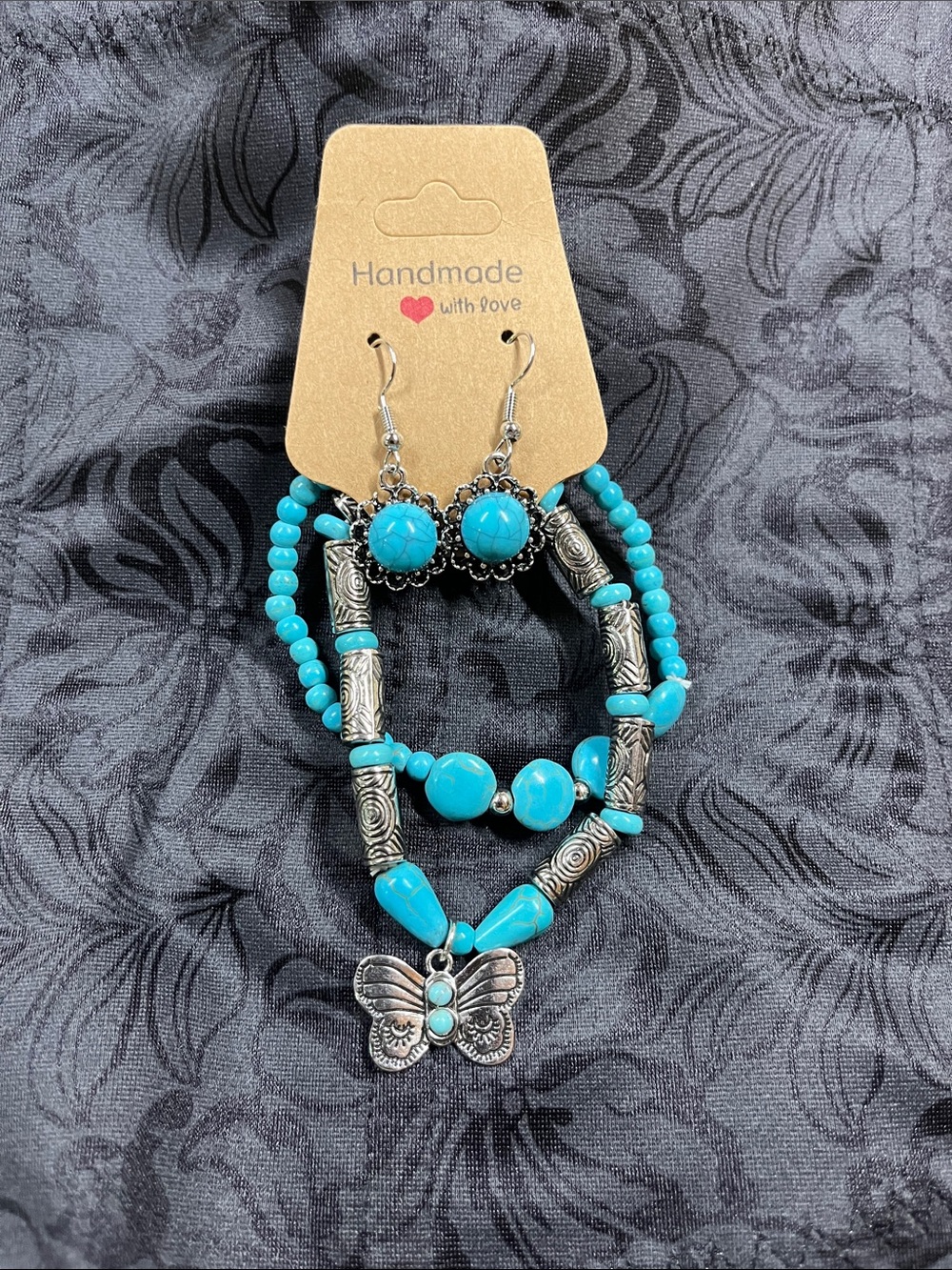 Handmade Turquoise Beaded Butterfly Earrings and bracelet set